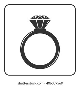 Diamond engagement ring icon. Crystal sign. Black circle silhouette isolated on white background. Flat fashion design element. Symbol of engagement, gift, jewel,luxury, expensive. Vector Illustration.