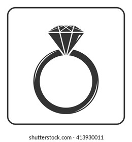 Diamond engagement ring icon. Crystal sign. Black circle silhouette isolated on white background. Flat fashion design element. Symbol of engagement, gift, jewel,luxury, expensive. Vector Illustration.