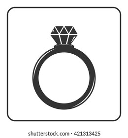 Diamond engagement ring icon. Crystal sign. Black circle silhouette isolated on white background. Flat fashion design element. Symbol of engagement, gift, jewel,luxury, expensive. Vector Illustration.