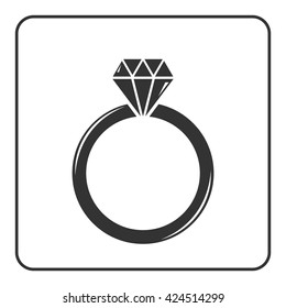 Diamond engagement ring icon. Crystal sign. Black circle silhouette isolated on white background. Flat fashion design element. Symbol of engagement, gift, jewel,luxury, expensive. Vector Illustration.