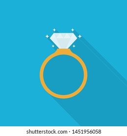 Diamond engagement ring icon with long shadow on blue background, flat design style