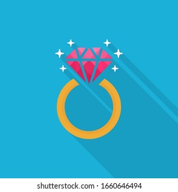 Icono de anillo de compromiso de diamantes con sombra larga sobre fondo azul, estilo de diseño plano