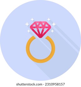 Diamond engagement ring icon with long shadow on purple background, flat design style