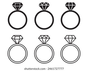 Diamond engagement ring icon set. Ring with gemstone. Diamond Engagement outline icon of ring with diamond on collection of flat and Line Icon for wedding ring. 