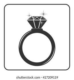 Diamond engagement ring icon. Shiny sparkle crystal sign. Black circle silhouette isolated on white background Flat fashion design element. Symbol engagement, gift, jewel expensive Vector Illustration