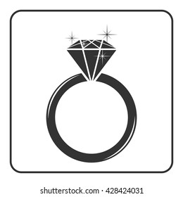 Diamond engagement ring icon. Shiny sparkle crystal sign. Black circle silhouette isolated on white background Flat fashion design element. Symbol engagement, gift, jewel expensive Vector Illustration