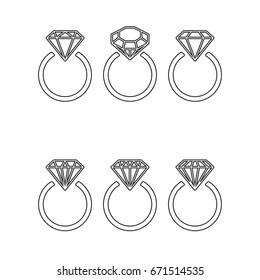 Diamond engagement ring icons with crystals. Vector Illustration. Black circle with shiny brilliant stone. isolated on white background.Flat fashion design element. Symbol engagement, gift,expensive.
