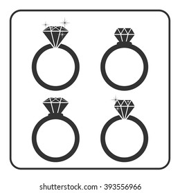 Diamond engagement ring icons set. Shiny crystal signs. Black circle silhouette isolated on white background. Flat fashion design element. Symbol engagement, gift, jewel, expensive Vector Illustration