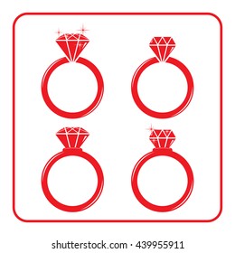 Diamond engagement ring icons set. Shiny crystal signs. Red circle silhouette isolated on white background. Flat fashion design element. Symbol engagement, gift, jewel, expensive. Vector Illustration.