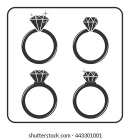 Diamond engagement ring icons set. Shiny crystal signs. Black circle silhouette isolated on white background. Flat fashion design element. Symbol engagement, gift, jewel, expensive Vector Illustration