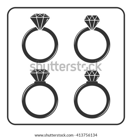Diamond engagement ring icons set. Shiny crystal signs. Black circle silhouette isolated on white background. Flat fashion design element. Symbol engagement, gift, jewel, expensive Vector Illustration