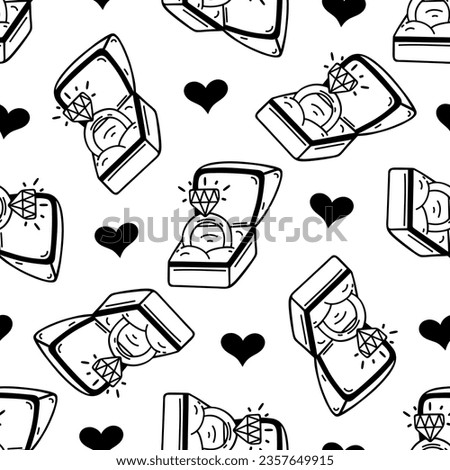 Diamond engagement ring inside a gift box seamless vector pattern. A jewelry piece with a brilliant gemstone, cute hearts. Present for a date, wedding, holiday, romance. Black and white background