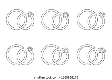 Icono vectorial de línea de anillo de compromiso de diamantes, iconos de anillos de boda en fondo blanco