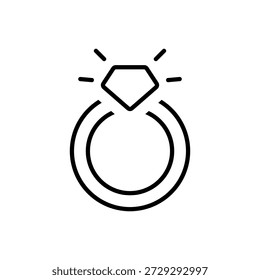 Ícone de contorno de anel de noivado de diamante em estilo mínimo. Símbolo vetorial preto para casamento, proposta de casamento, joias, conceitos de amor romântico, design de luxo, interface de usuário e web.