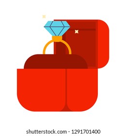 Diamond engagement ring in red box. Cartoon vector flat illustration isolated on white background.
