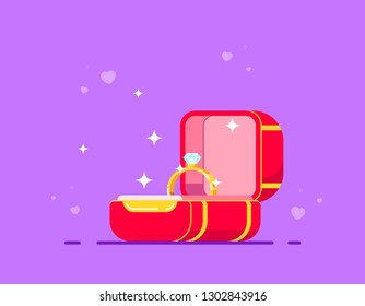 Diamond engagement ring in red box. Wedding proposal and love concept. Flat style vector illustration.