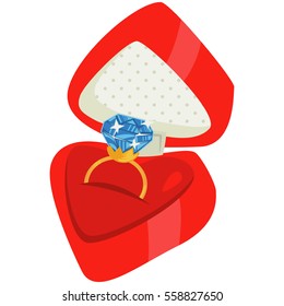 Anillo de compromiso de diamantes en caja roja. Ilustración vectorial de caricatura aislada en fondo blanco.