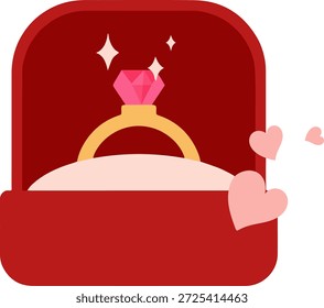 diamond engagement ring in red gift box with pink hearts, marriage proposal vector