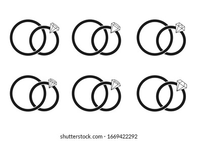 Symbol für den Diamantenverlobungsring, Symbole für Hochzeitsringe auf weißem Hintergrund