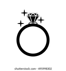 Diamond engagement ring vector icon. Vector Illustration. Shiny crystal signs. Black circle silhouette isolated on white background. Flat fashion design element. Symbol engagement, gift, expensive.