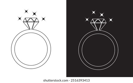 Diamond engagement ring. Engagement ring. Wedding ring symbol line art. Wedding rings with diamond. Wedding ring line art vector illustration on white, black background. Vector illustration.