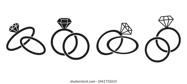 anillo de Boda de compromiso de diamantes. Ilustración vectorial de silueta aislada sobre fondo blanco. Joyas y Imagen de Vector matrimonial. Anillos de piedras preciosas.