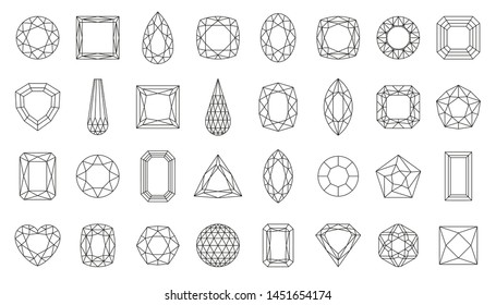 Diamond faceting thin line icon set. Gem collection of simple outline signs. Jewel symbol in linear style. Crystal, gemstone black contour icons design. Isolated on white concept vector Illustration
