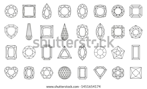 Diamond faceting thin line icon set. Gem\
collection of simple outline signs. Jewel symbol in linear style.\
Crystal, gemstone black contour icons design. Isolated on white\
concept vector\
Illustration