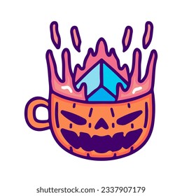 Diamante cayendo en la taza monstruo de calabaza, ilustración para camisetas, pegatinas o prendas de vestir. Con doodle, retro y estilo de caricatura.