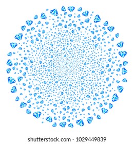 Diamond fireworks round cluster. Object pattern organized from scattered diamond pictographs as burst sphere. Vector illustration style is flat iconic symbols.