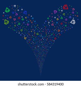 Diamond fireworks stream. Vector illustration style is flat bright multicolored iconic symbols on a blue background. Object double fountain organized from random pictographs.