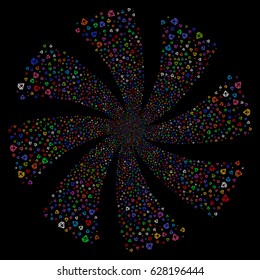 Diamond fireworks swirl rotation. Vector illustration style is flat bright multicolored iconic symbols on a black background. Object whirl made from random pictographs.