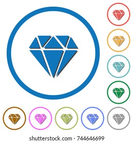 Diamond flat color vector icons with shadows in round outlines on white background