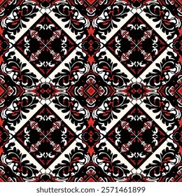 Diamond Floral Pattern: Geometric and floral patterns come together to form diamond shapes in black, white, and red, suitable for use in textiles, wallpapers, or tiles.
