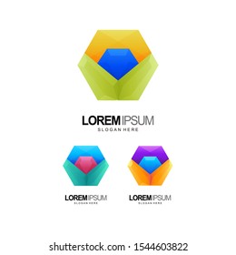 diamond flower logo in hexagon design and template
