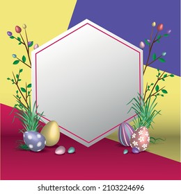 Diamond form frame decorated with some grass, folliage and Chocolate eggs with space for copy in the middle in geometric background. Easter theme branding background for post in social media