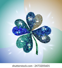 Diamond four leaf lucky clover in blue green flowers. Vector illustration.