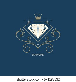 A diamond in a frame with a beautiful pattern. Shiny logo with simple lines. Vector, flat.