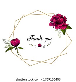 diamond frame made with colorful red peony flowers leaves and golden lines and words thank you on white background