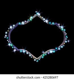 Diamond frame with shiny diamonds and rhinestone on black background.