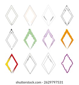 Diamond frames set. Multicolor geometric pattern. Red triangle border. Vector design collection.