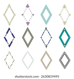 Diamond frames set. Multicolor ornate borders. Purple swirl pattern. Vector decorative collection.
