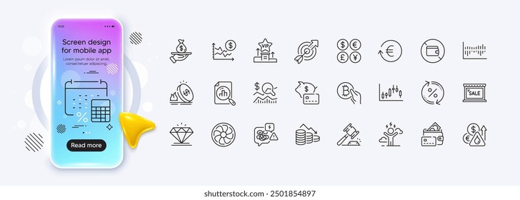Diamond, Fuel price and Money currency line icons for web app. Phone mockup gradient screen. Pack of Difficult stress, Piggy bank, Loan pictogram icons. Vector