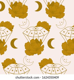 diamond gem, golden flowers and celestial elements in a seamless pattern design, perfect to use on the web or in print
