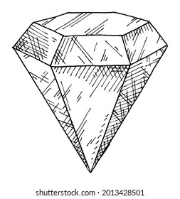 Diamond gem stone. Vintage hatching monochrome black illustration. Isolated on white background. Hand drawn ink design