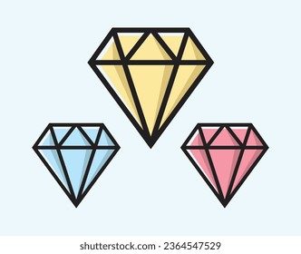 Diamond gemstone icon set isolated flat design vector illustration on light blue background.