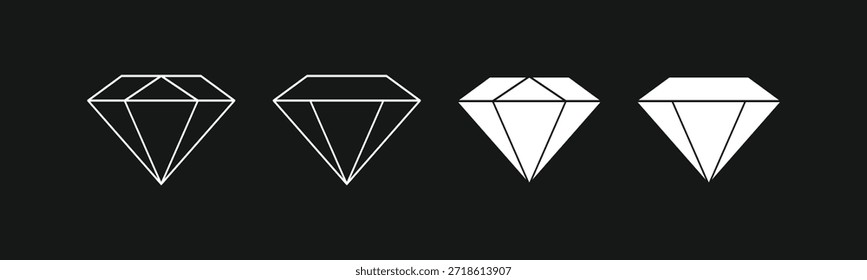 Diamond gemstone icon set with outline and flat solid style isolated on black background. Set of diamond crystal icons in different line weights and solid shapes