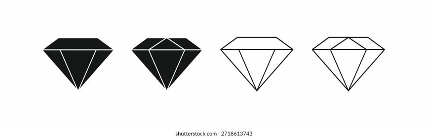 Diamante ícone de pedra preciosa definido. Linha profissional e gráficos vetoriais sólidos para lojas de joias, marcas caras e símbolos gráficos de cristal. Conjunto de ícones de diamante em estilos de linha e silhueta