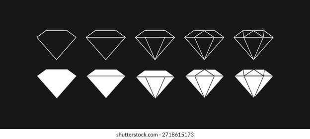 Diamond gemstone icon set with various line weights and solid flat styles isolated on black background. Set of minimalist diamond crystal symbols in linear outline and filled silhouette design
