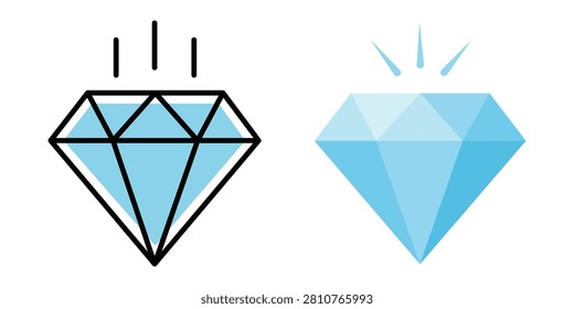 Diamond gemstone illustration in outline and color styles representing luxury, brilliance, precious jewelry, premium quality, elegance, sparkling beauty, fashion accessories, and commercial design resources.